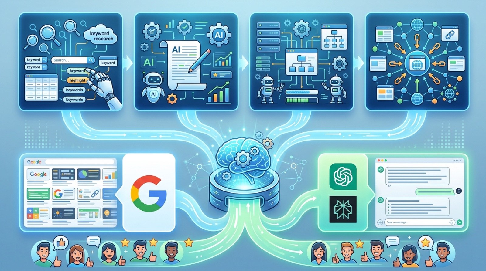 AI SEO dashboard showing keyword clusters, content scores, and rank tracking