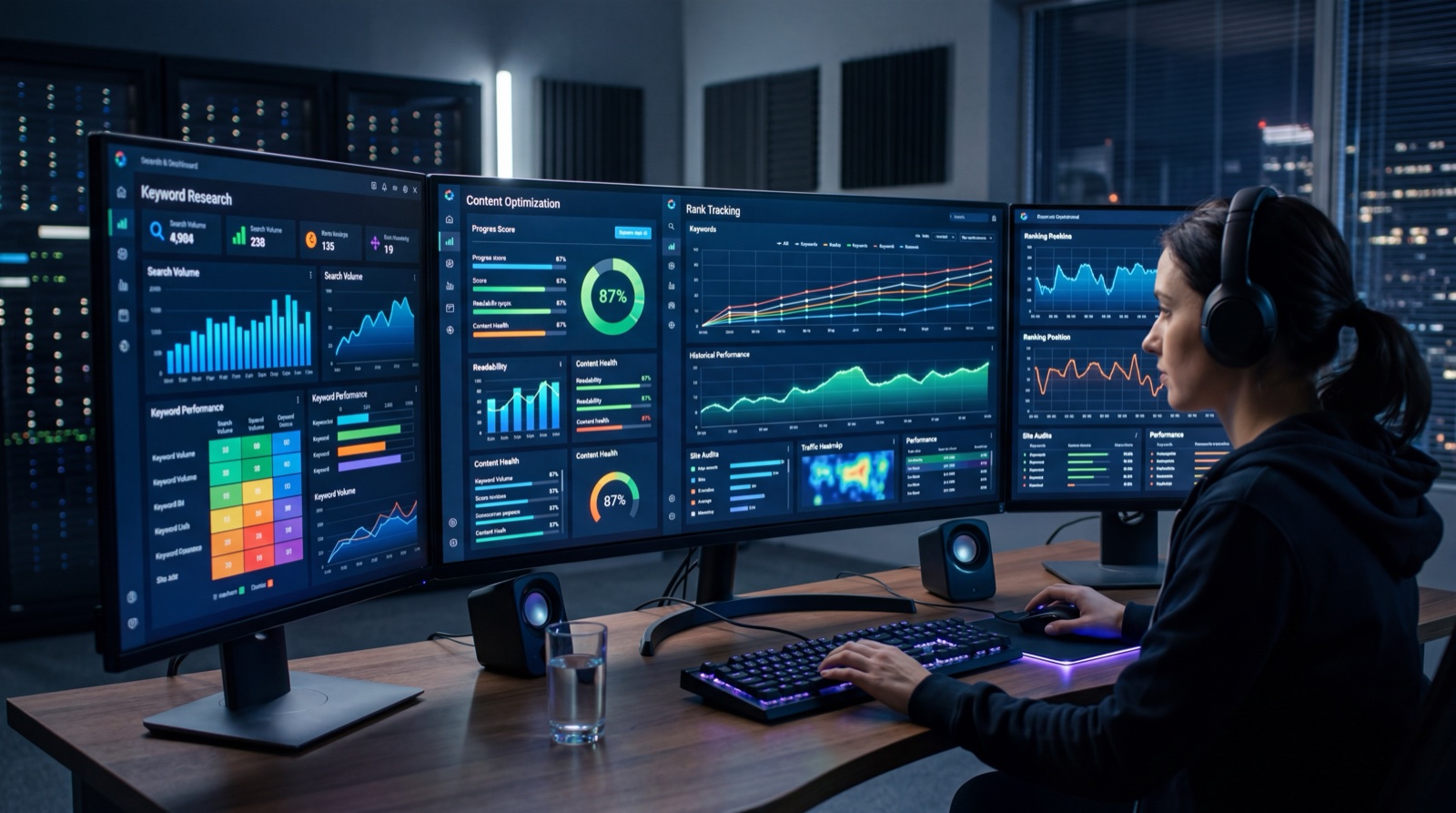 Side by side comparison of Surfer AI, Frase, and Koala AI producing the same article with optimization scores