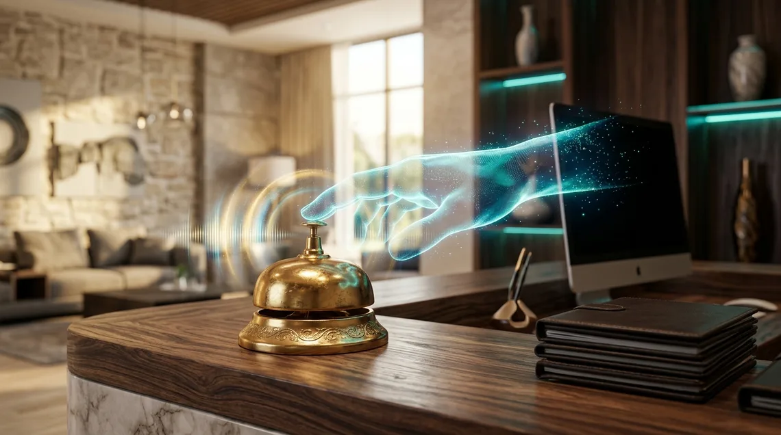 AI receptionist greeting a caller on a desk phone with calendar booking on screen
